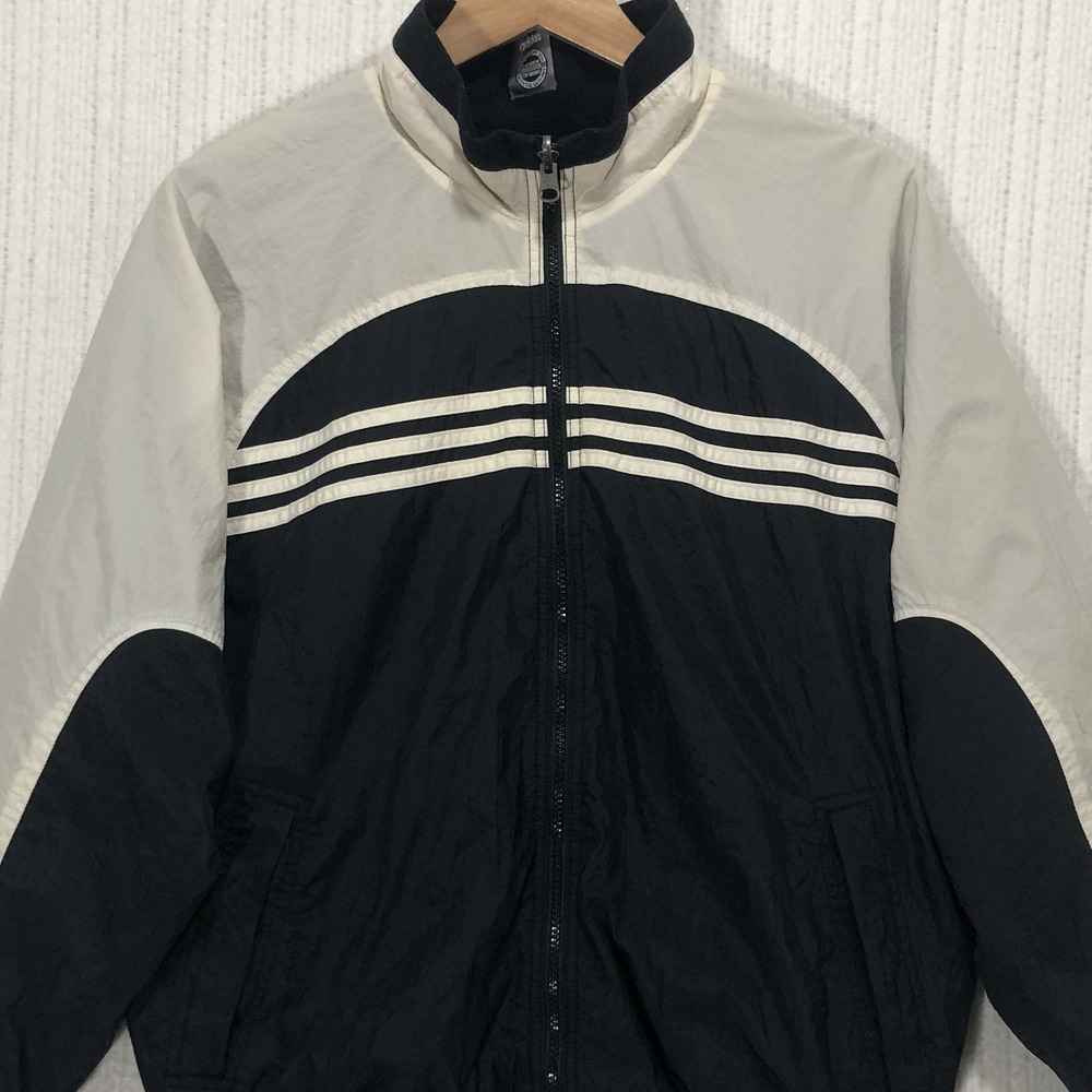 Adidas Reversible Track Jacket Mens Small Black Cream Nylon Fleece Windbreaker